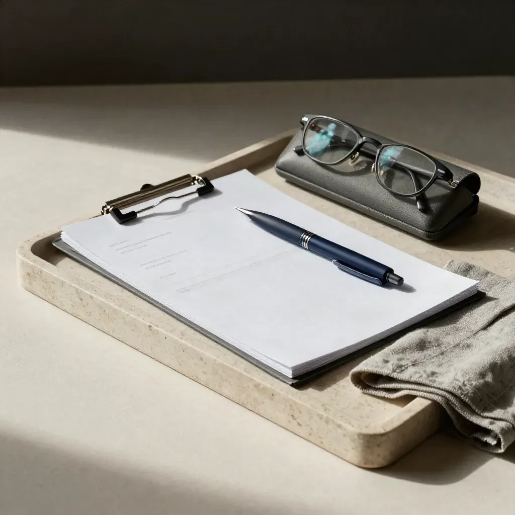 Stone tray with intake packet, pen, glasses case, and folder in soft side light.