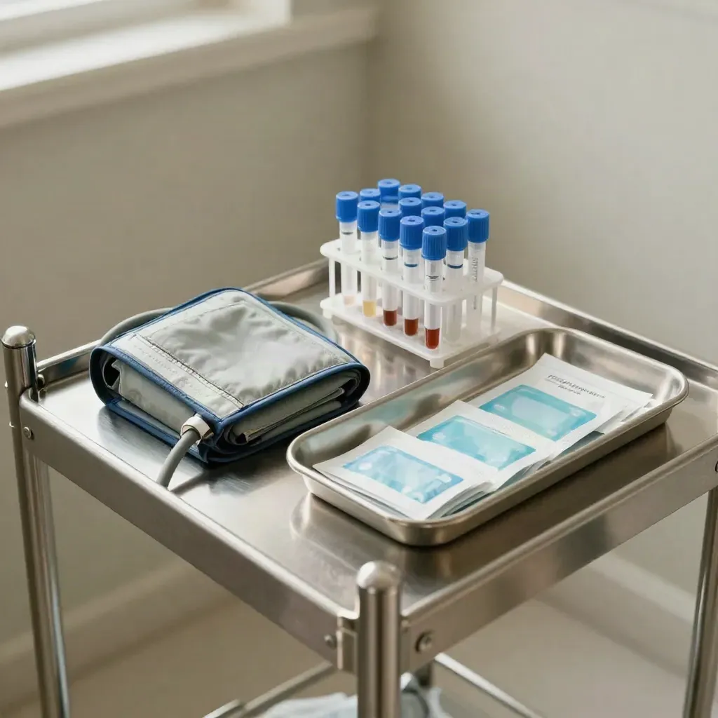 Wellness screening tools staged on a brushed steel cart in a calm clinic prep alcove.