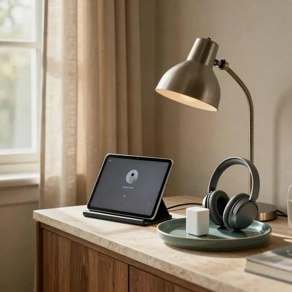 Home telehealth station with tablet dock, headset, lamp and teal tray in warm window light.