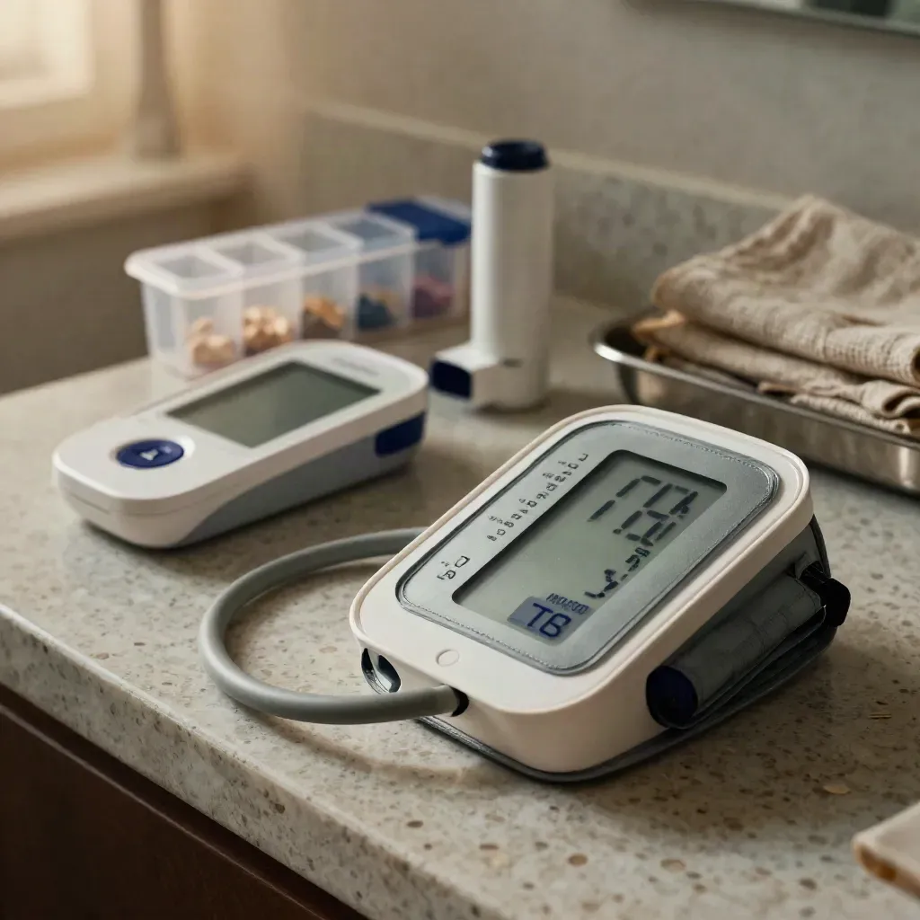 Close-up of a chronic care kit: blood-pressure monitor, glucometer, inhaler, and pill sorter on travertine.