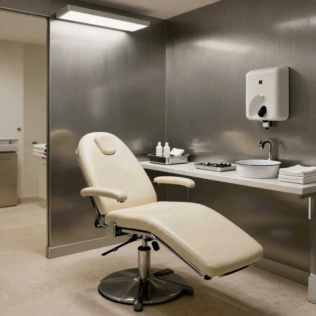 Empty primary-care exam room with reclined chair, otoscope set, sanitizer tray, and side counter