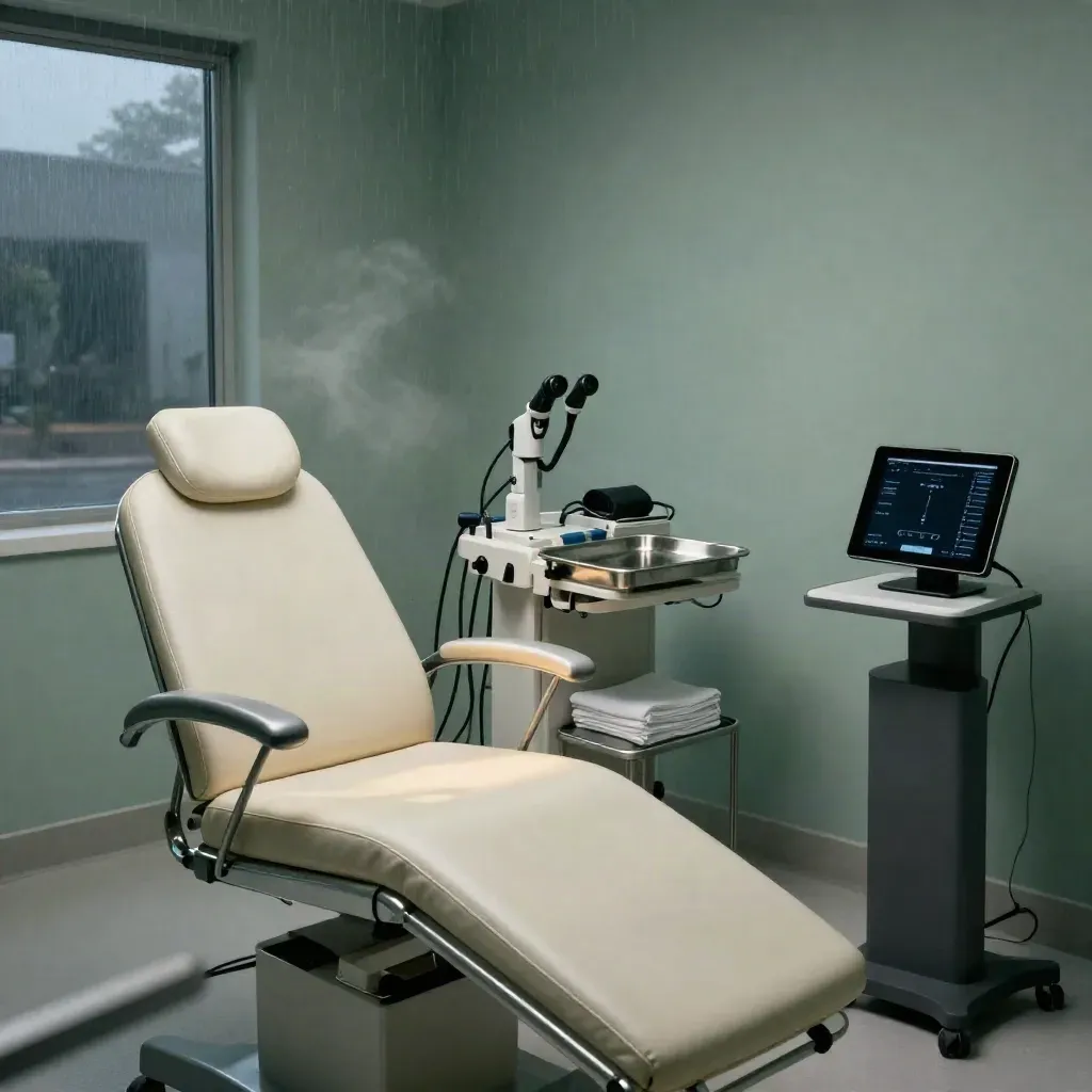 Premium empty primary-care suite with exam chair, diagnostics, tray, linens and tablet in cool morning light.