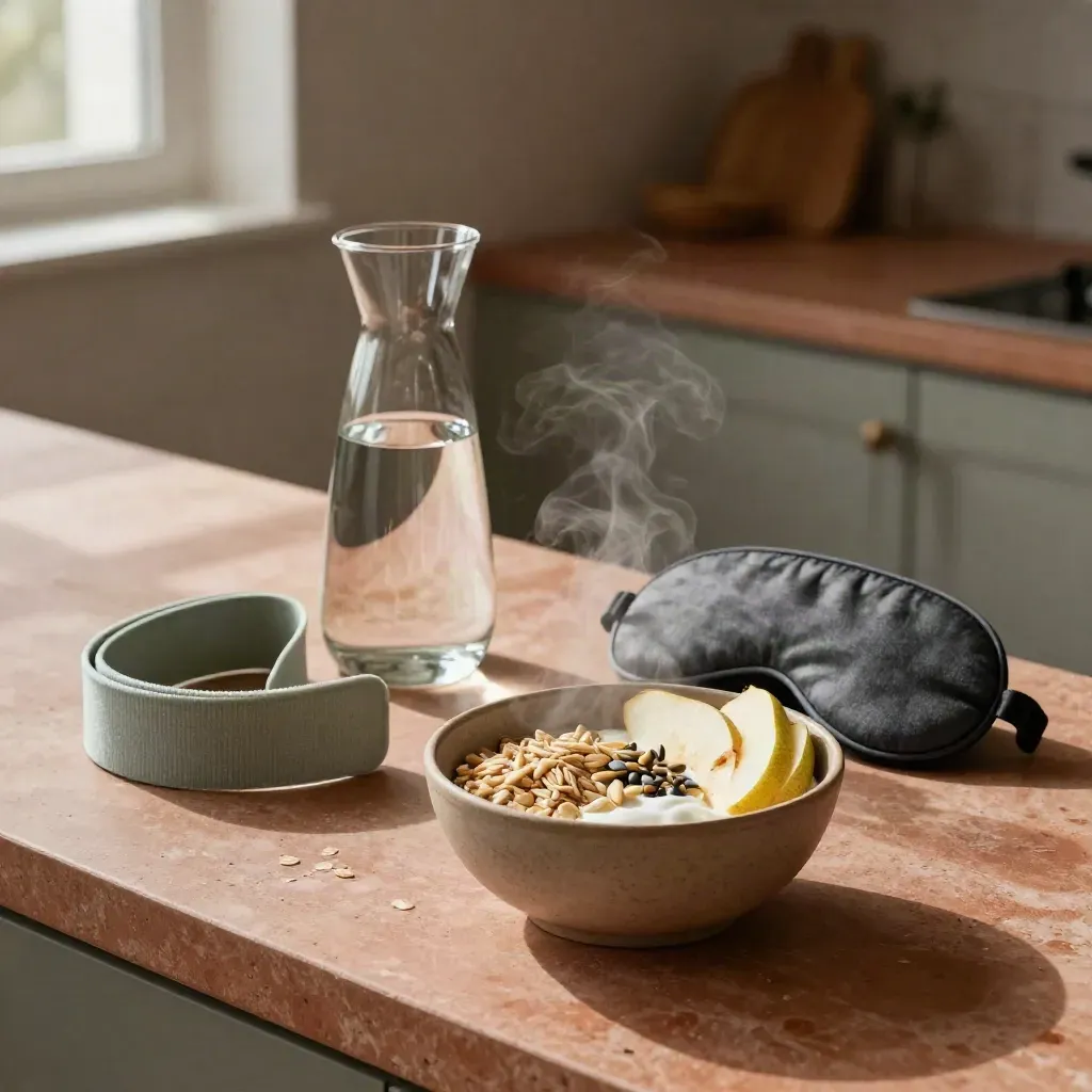 Morning coaching setup with oats, water carafe, resistance band, and sleep mask on a terracotta counter.
