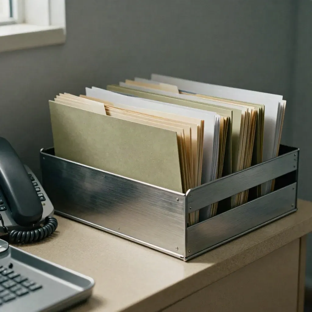 Clinic coordination folders, phone, and routing trays mid-handoff on a khaki steel shelf.