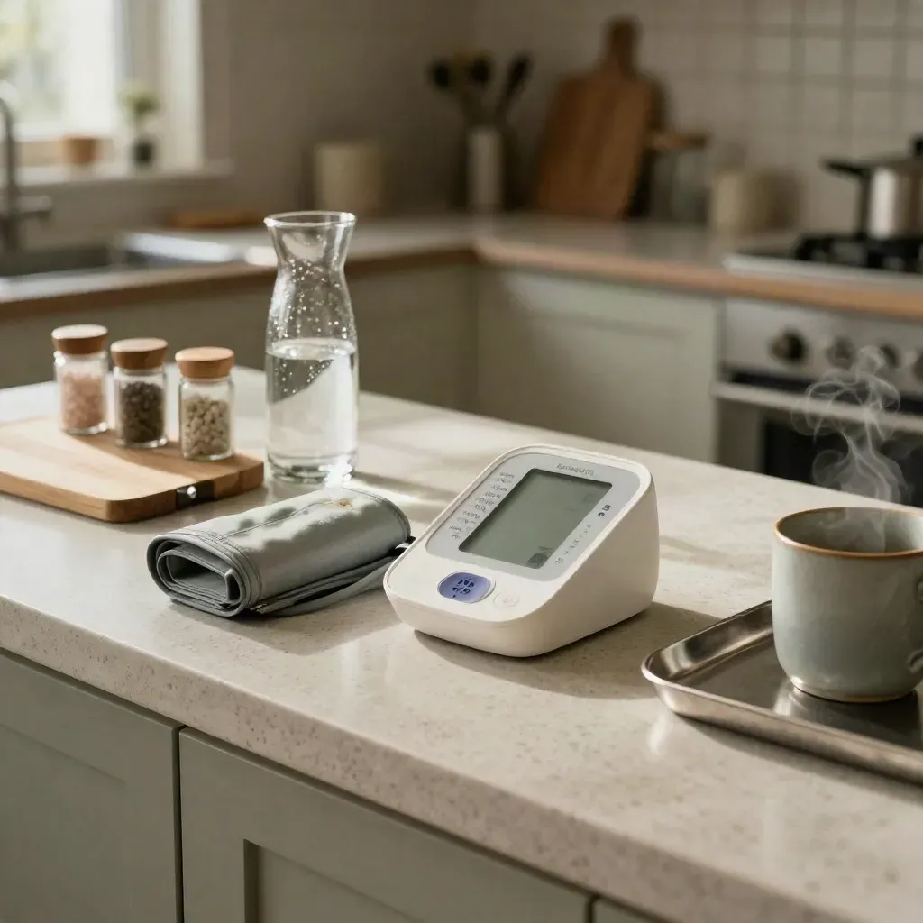Blood pressure cuff, monitor dock, water carafe, and spice jars on a sunlit kitchen counter.