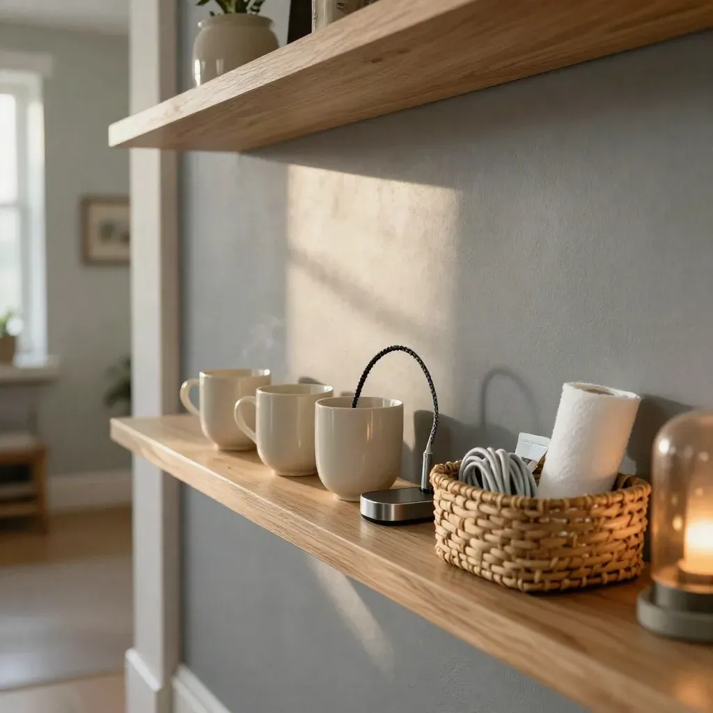 Family care shelf with cups, charging dock, and basket in a warm entryway