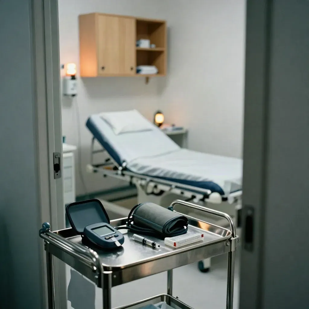 Prepped exam room with glucose meter, blood-pressure cuff, and glowing amber status light.