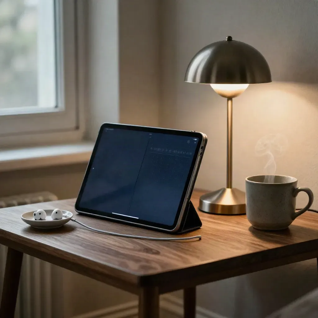 Telehealth tablet, earbuds, cable, lamp, and mug on a side table in soft window haze.