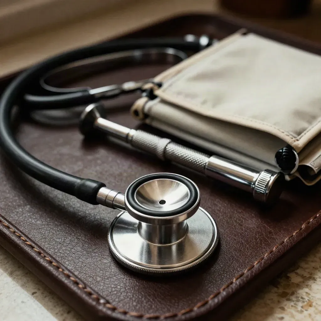Macro still life of physician tools on leather: stethoscope, reflex hammer, otoscope, blood-pressure cuff.