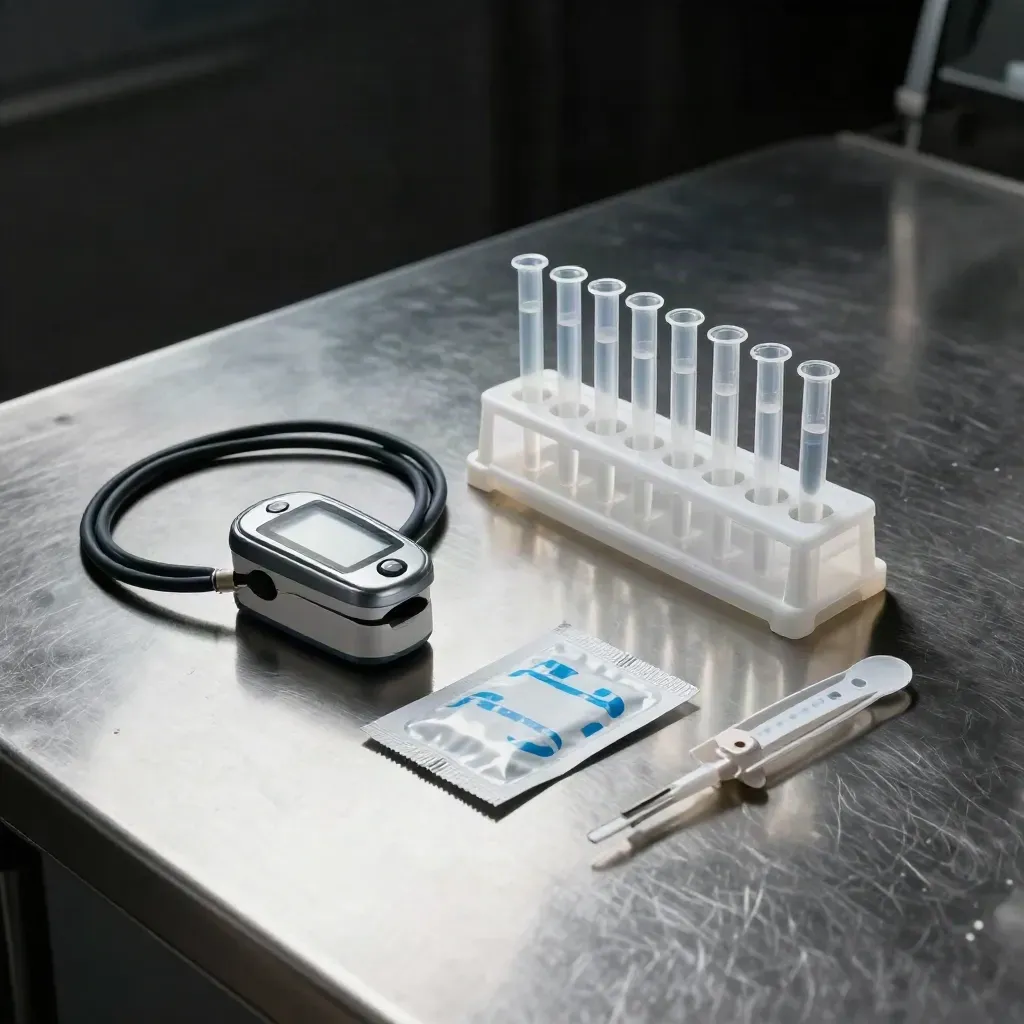 Top-down still life of preventive medical tools on brushed steel