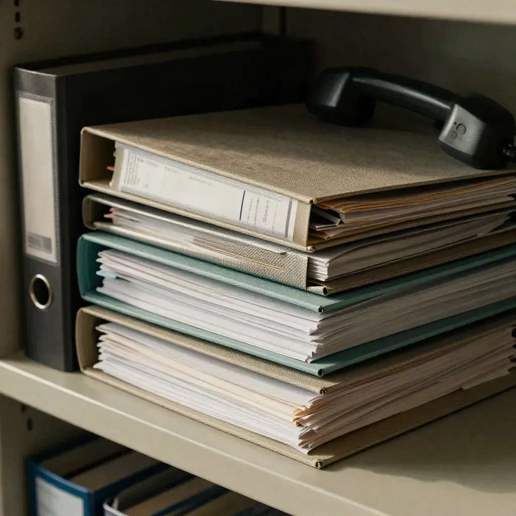 Close-up of binders, a handset, and routing trays on a filing shelf.