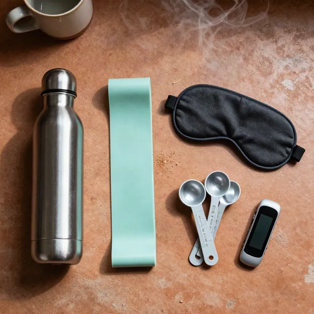 Top-down health-coaching habit kit with bottle, band, sleep mask, spoons and tracker on clay.