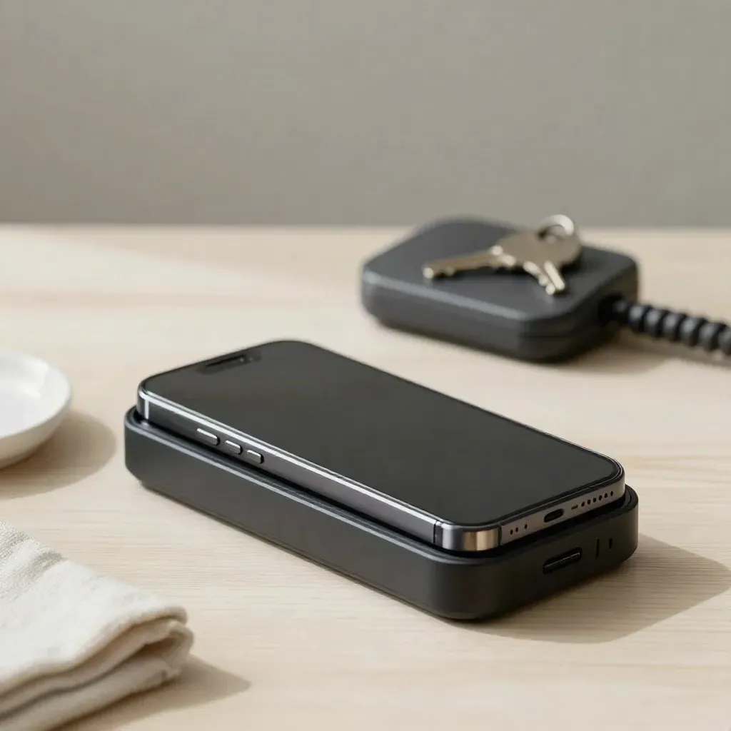 Smartphone, cordless phone base, and house key on pale wood with soft side light.
