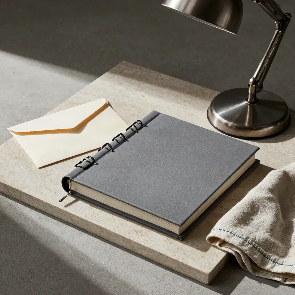 Care binder, sealed envelope and lamp base on limestone tray in soft side light.