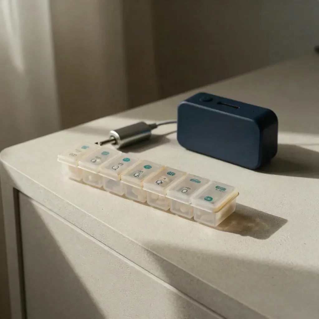 Pill organizer beside a charging puck and small alarm on a plaster nightstand