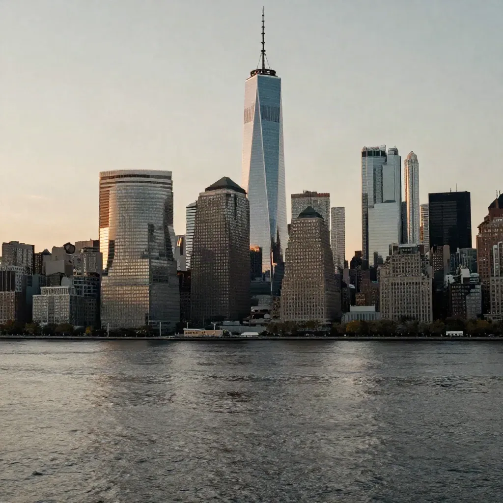 Manhattan skyline over the Hudson at dusk with One World Trade Center high in marine haze