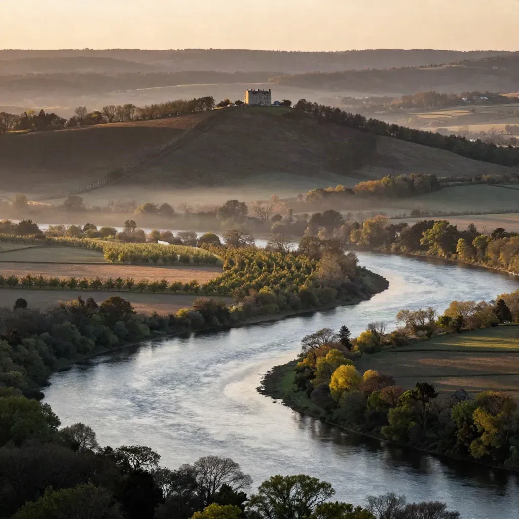 Golden-hour Hudson Valley landscape with a manor on a ridge above misty river hills.