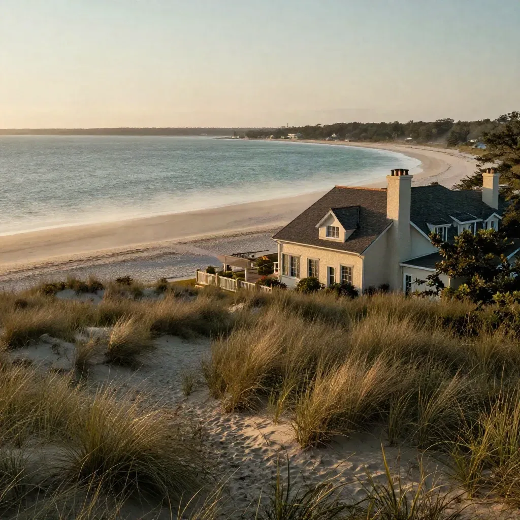 Sunrise coast with estate roofline, dune grass, and misty bay on Nassau County’s North Shore.